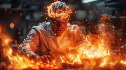 A superhero as a chef using fire powers to cook