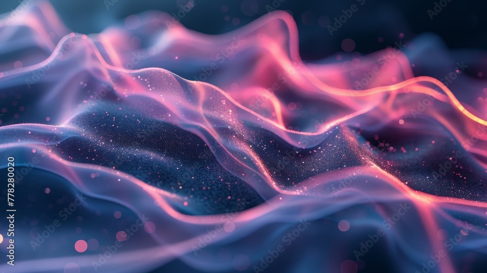 Poster a colorful, swirling pattern of pink and blue with a lot of sparkles. the image is abstract and has 