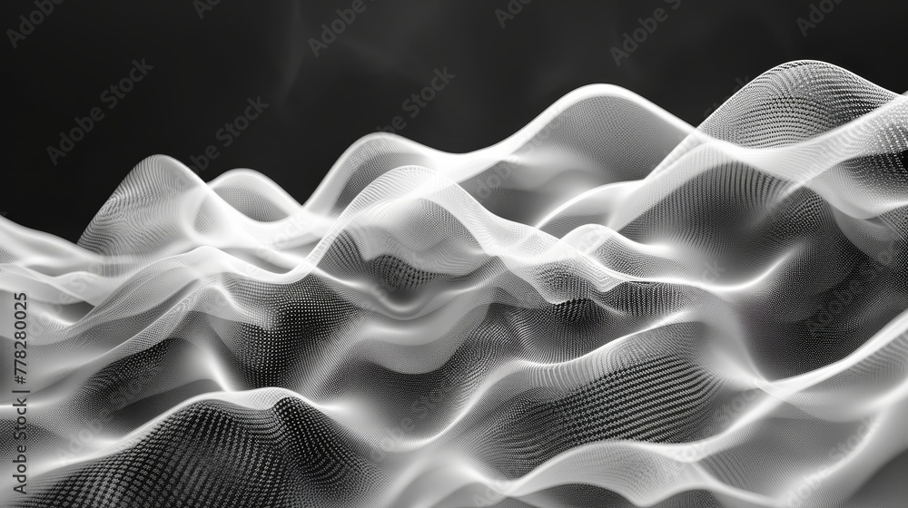 Poster a black and white image of a wave with a white background. the image has a futuristic and abstract f