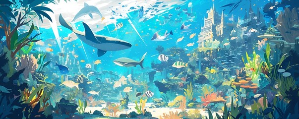 Fototapeta na wymiar Underwater Cityscape with Roaming Marine Life 