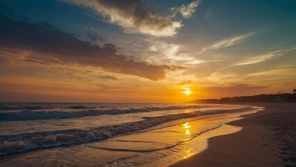 A vibrant sun setting over a sandy beach