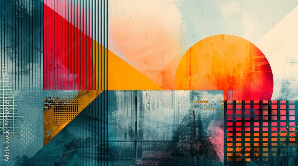 Aufkleber a colorful abstract painting with a sun in the center. the painting is a mix of different shapes and