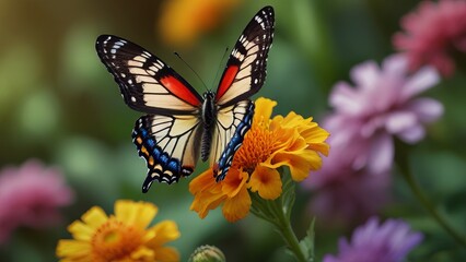 Fototapeta premium A majestic butterfly perched on a blooming flower