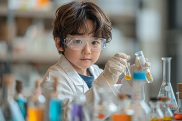 Little scientist making experiment with test tube in chemical laboratory