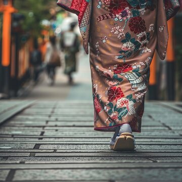 Japanese woman feet and walking in kimono