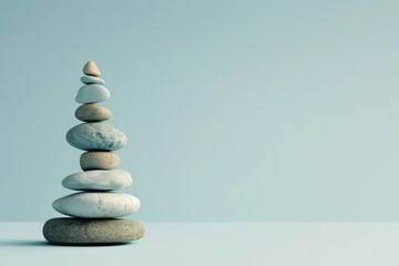 KSPhoto of a stack of balanced stones on a light blue - obrazy, fototapety, plakaty