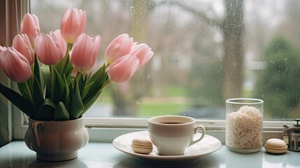 Fototapeta na wymiar cup of tea and pink tulips