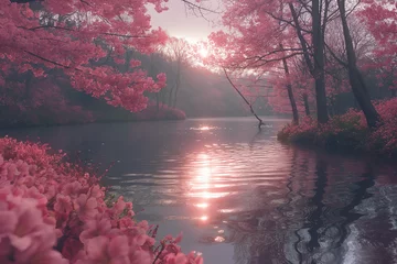 Fototapete Rund landscape of idyllic scene of a a pond dyed pink by the setting sun, pink flowers, cherry blossoms, peaceful, nature, springtime, photorealistic // ai-generated  © doc