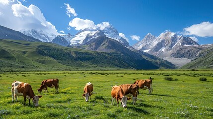Cows grazing on a alpine meadow at the foot of Mt. - obrazy, fototapety, plakaty