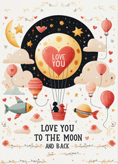 Greeting card Love you moon back romantic flat design