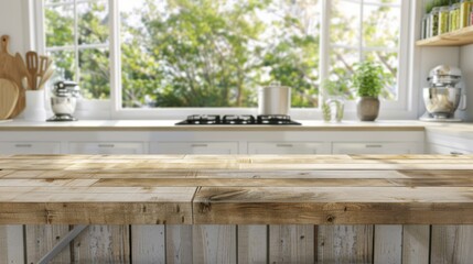 Wooden texture table top on blurred kitchen window background
