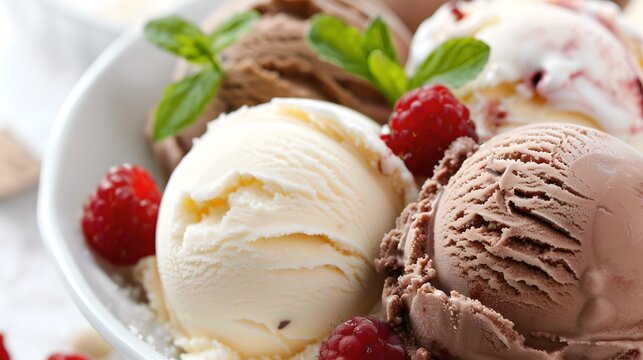Delicious Scoops of Vanilla and Chocolate Ice Cream with Fresh Berries. Perfect Summer Dessert for Advertisement. High-Quality Close-Up Image. AI
