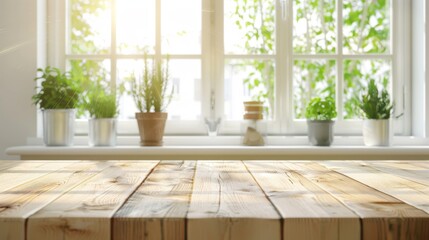 Fototapeta premium Wooden texture table top on blurred kitchen window background