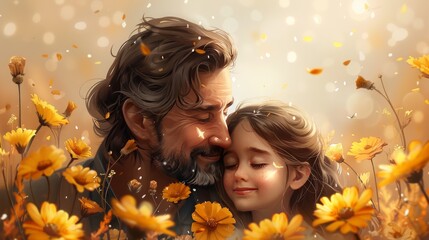 Portrait of happy father and his daughter in yellow flowers field. - obrazy, fototapety, plakaty