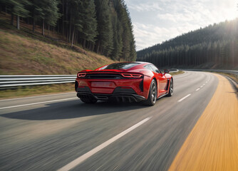 A red sports car is driving on a highway near a forest.