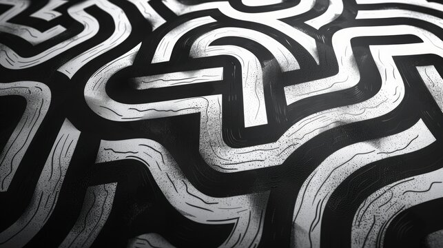 Black and white seamless pattern of an abstract maze, hand drawn with thick brush strokes, simple shapes, bold lines, high contrast, vector art, on a solid background