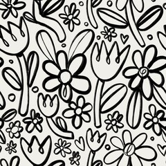 Various outline flowers, leaves. Hand drawn floral illustration. Square seamless Pattern. Repeating design element for printing. Template for fabrics, summer textiles, wallpaper, clothes - 778282015