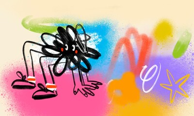 Quirky, abstract Creature. Cute funny character. Black doodle cloud with eyes, legs, hands, shoes. Colorful background. Cartoon contemporary style. Hand drawn bright modern illustration - 778282024