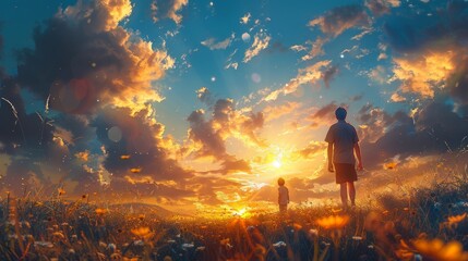 Father and son walking in the meadow at sunset. Concept of friendly family.