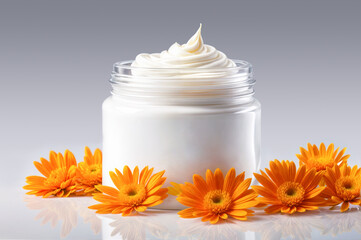 Obraz na płótnie Canvas Jar of cream surrounded by calendula flowers. Cosmetic moisturizing product.