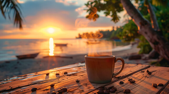 a front selective focus picture of a white coffee cup beside public beach in the south of Thailand