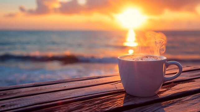 a front selective focus picture of a white coffee cup beside public beach in the south of Thailand