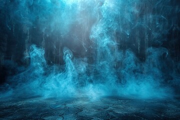 Dark blue background with smoke and fog on the floor, concrete, concrete texture
