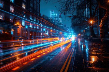 Dark street with long exposure lights and cars passing. Long shutter speed captured the passing...