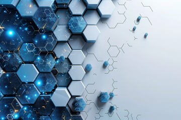 Light blue background with hexagon shapes and white space for text, modern technology or medical abstract presentation template design