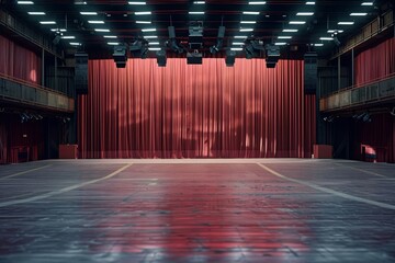Empty stage with dramatic red curtains, exuding anticipation and potential, suited for theater, performance arts, and cultural events.