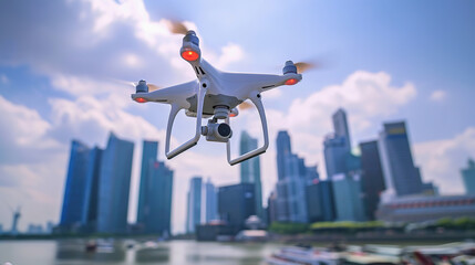 Drone surveying the skyline of a bustling cityscape