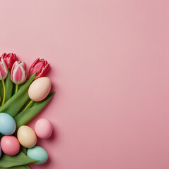 Fototapeta na wymiar Tulips in a pot next to Easter eggs on a pink background with copy space. Spring design element. AI generated
