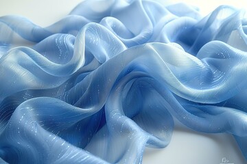 Closeup of the tulle fabric in a light blue color against a white background
