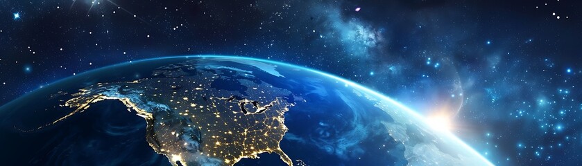 Fototapeta na wymiar Breathtaking Nighttime Panorama. North America from Space, Glowing USA, Canada & Mexico, Sunrise Embracing the Horizon Amidst Cosmic Splendor