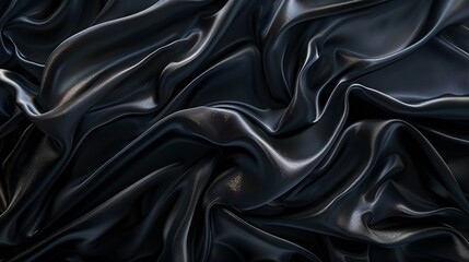 Elegant black satin fabric undulating with soft waves. Luxurious textile background for design. Smooth and glossy material texture. Ideal for fashion and decoration. AI - obrazy, fototapety, plakaty