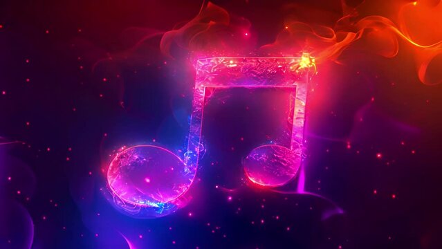 Music notes background effect neon colors. two eighth notes. Music abstract background. Pink,blue rainbow neon colors on black background 4k video