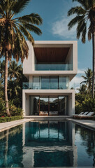 An incredible modern minimalist cubic villa featuring a large swimming pool nestled amidst lush palm trees, epitomizing tropical elegance.