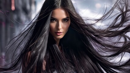   A woman with long black hair is depicted in a close-up, her tresses billowing in the wind In the backdrop, a cityscape unfolds