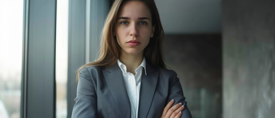 Portrait of lawyer woman in suit in modern office - obrazy, fototapety, plakaty