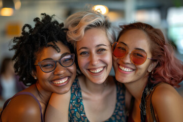 Three diverse women sharing a joyful moment together in an office setting.