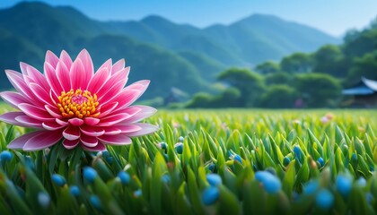   A pink flower blooms in the heart of a sprawling grassy field Blue orbs dot the foreground, leading the gaze toward a distant mountain range - obrazy, fototapety, plakaty