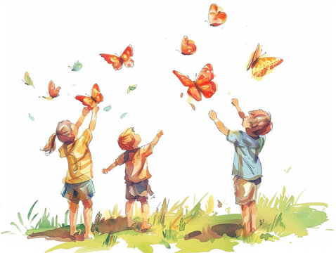 The painting depicts a group of children playing in the park and attempting to catch butterflies. 