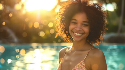 A woman with curly hair graces the poolside with her luminous smile as the sun sets, creating a sparkling backdrop - obrazy, fototapety, plakaty