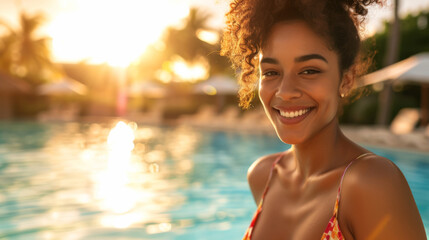 Summer Radiance: Woman with Sunset and Pool