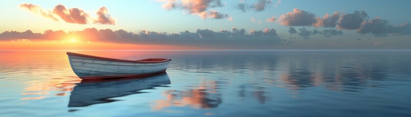 A 3D minimalist boat floating on a serene water background