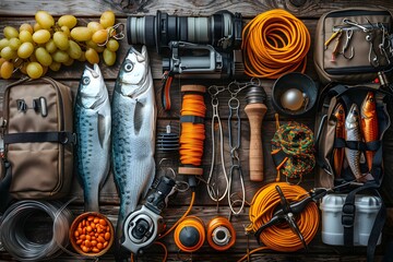 Top view of fishing tackle on the table.