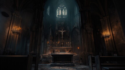 Fototapeta na wymiar Altar in a dark gloomy Catholic cathedral, surrounded by shadows, casting an eerie and somber atmosphere