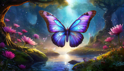 Fototapeta na wymiar Glowing fantasy butterfly in a magical forest.