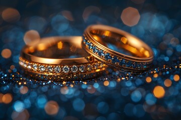 Two Gold Wedding Rings on a Blue Background - obrazy, fototapety, plakaty