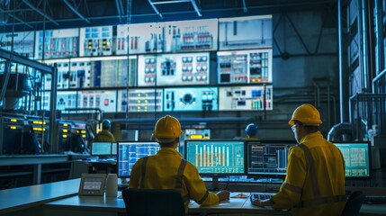 Chemical Plant Operations, Workers Monitoring Processes in Control Room - obrazy, fototapety, plakaty
